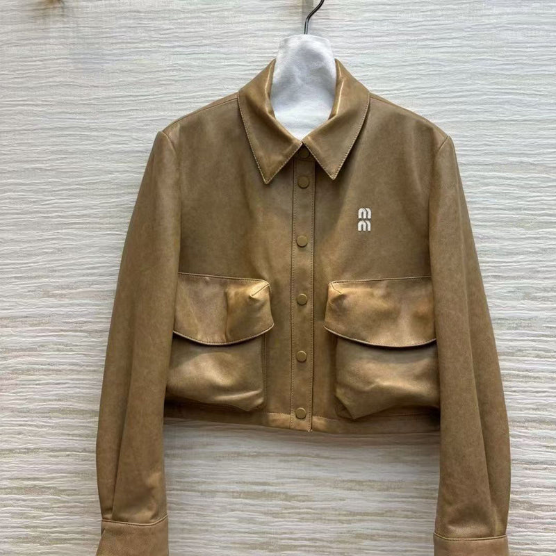 9ALeather Jacket womens fashion jacket motorcycle Coat high street clothing lapel large pockets Slim top versatile PU outerwear