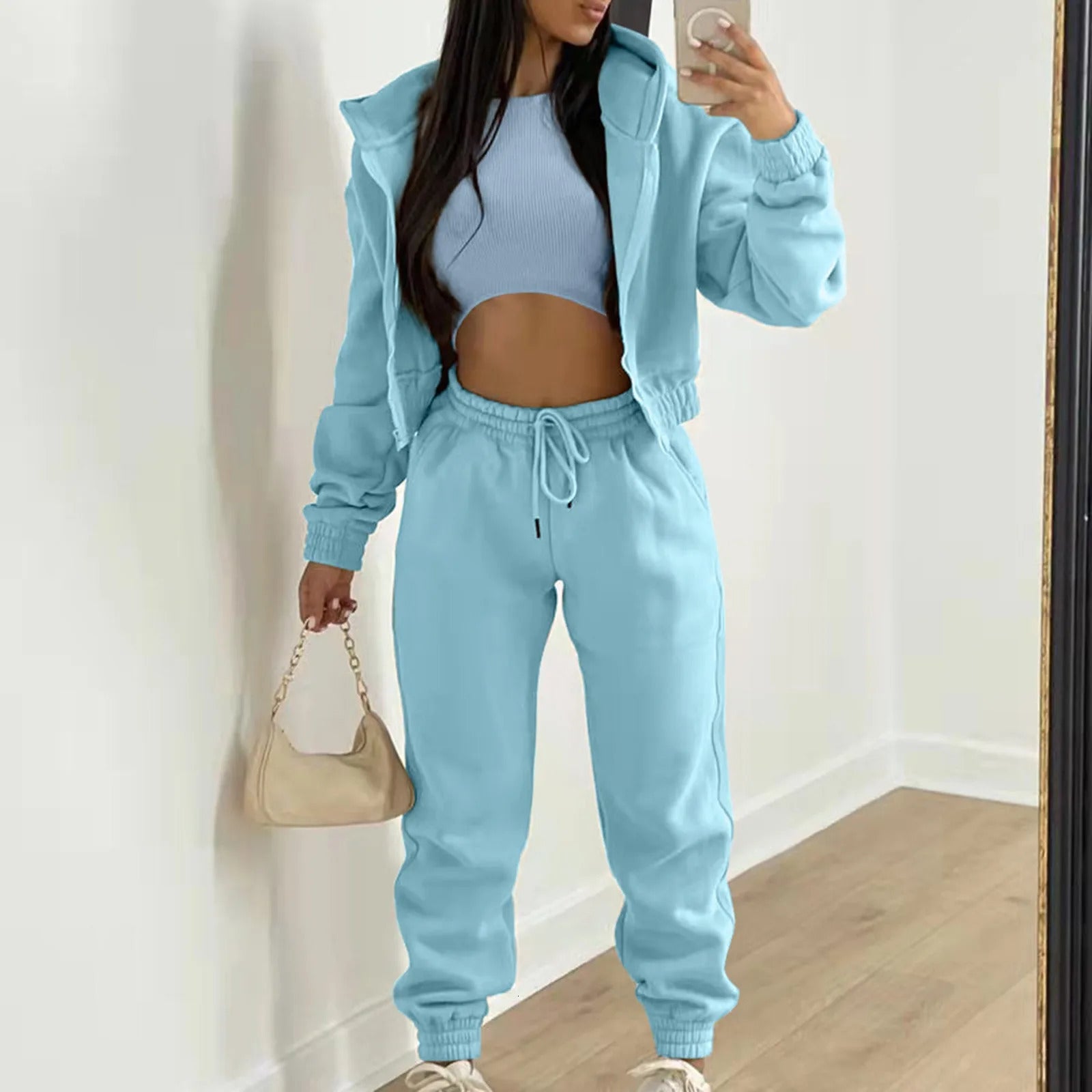 Women 3 Piece Sets Casual Long Sleeve Zip HoodiesRibbed TankHigh Waist Sweatpants Jogger Pant Suits Sporty Three Pieces Outfit 240930