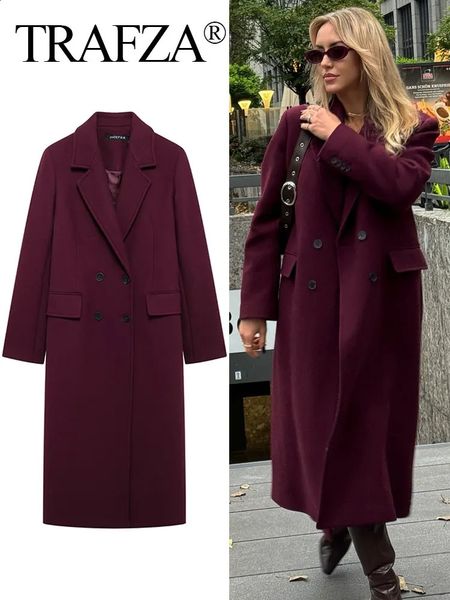 TRAFZA Women Fashion Burgundy Woolen Coat Double Breasted Long Sleeve Lapel Blends Jacket Autumn Winter High Street Outerwear 241224