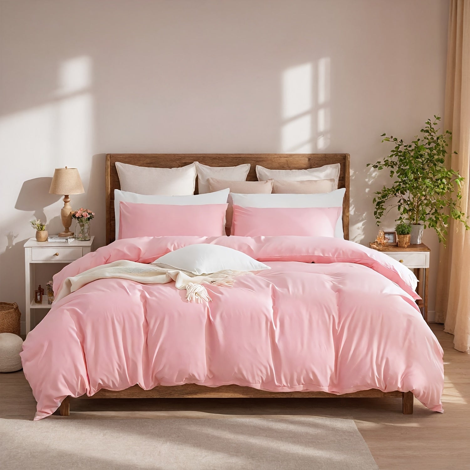 TEMU White And Pink Solid Color Three-piece Set Includes 2 Pillowcases Suitable For Hotels Washed And Dried With Zipper Closure Can Used Quilt Cover