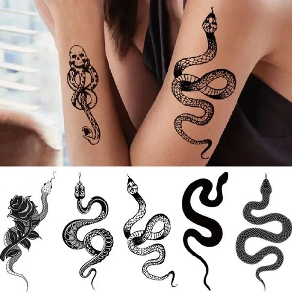 Black Snake Temporary Tattoo Stickers For Women Men Body Waist Waterproof Dark Wine Big Size 241230