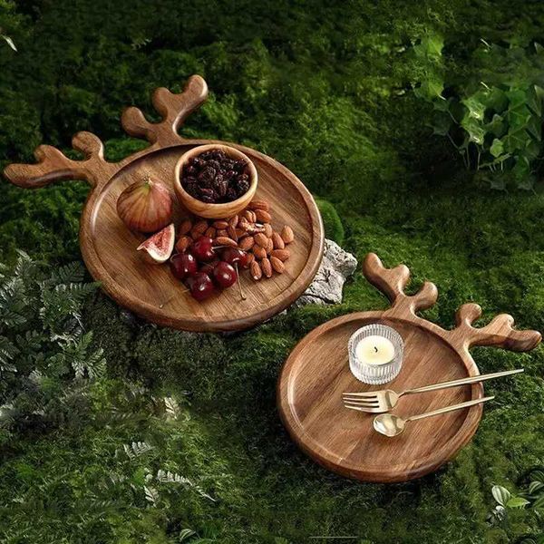 Christmas Cookie Tray Holiday Snack Serving Tray Wooden Decorative Fruit Dessert Elk Plate With Antler Handle For Kitchen FoodC241014