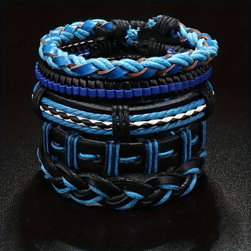 TEMU 5pcs Set Blue Pu Leather Braided Bracelet - Waxed Cord Texture, Dark Blue Tones, Durable & Stylish Minimalist Beads-, Stackable Casual Attire,
