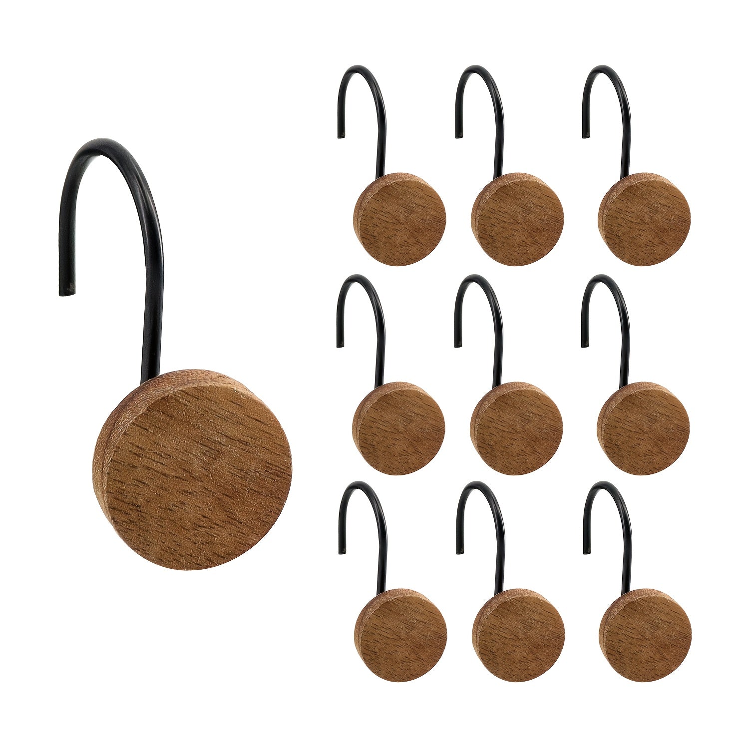 TEMU 12pcs Rustproof Stainless Steel Shower Curtain Hooks With Decorative Wooden Ends - , Design For Bathroom