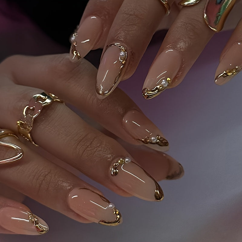 TEMU 24pcs Of Golden 3d Almond-shaped Long Nails With Sparkling Rhinestones, Stylish Glossy Finish, Removable And Wearable.