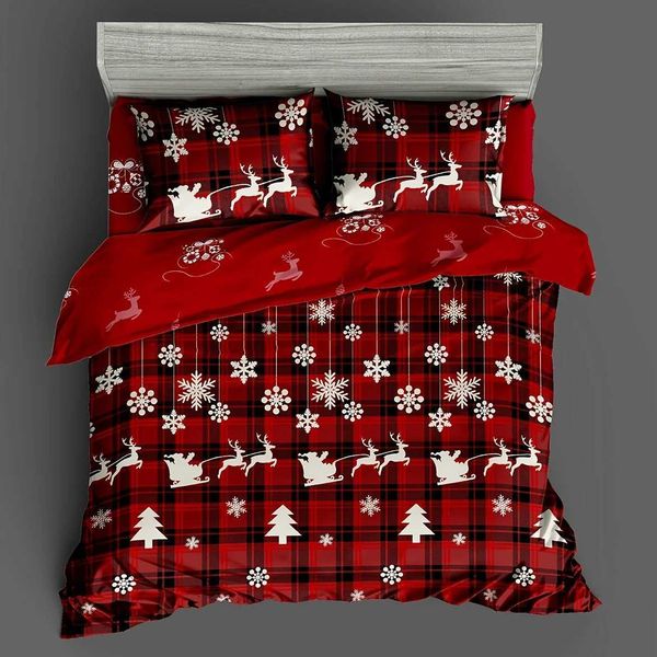Bedding sets Christmas themed down duvet cover set - checkered reindeer snowflake print soft and breathable perfect for bedrooms guest rooms