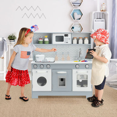 Kids' Pretend Play Kitchen Wooden Playset with Realistic Light