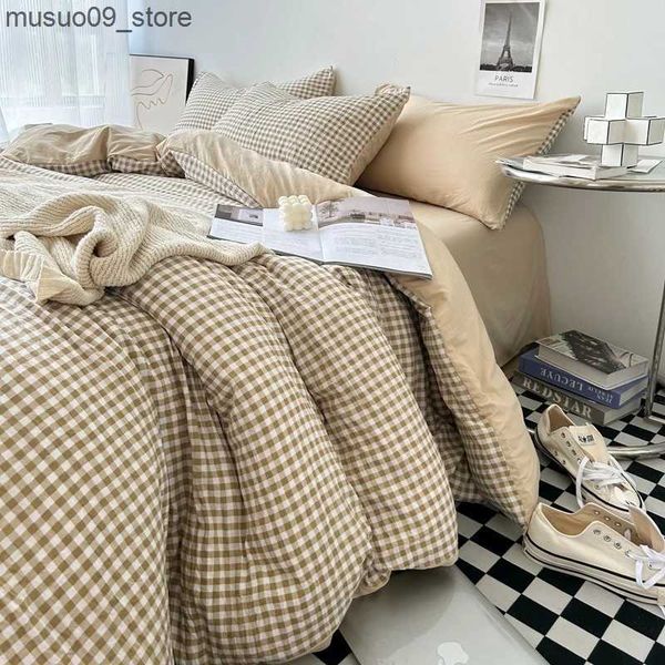 Bedding sets Bed Linen Washed Cotton Striped Grid Minimalist Bedding Sheet Set Comforter Sets Queen Duvet Cover Double For Boys And Girls L2