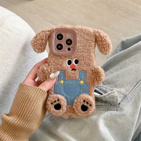 3D Cute Dog Warm Winter Plush Fur Back Cover Suitable for iPhone 16 15 13 Pro Max 14 Plus 15 Plus Camera Protection Soft Phone Case M241209