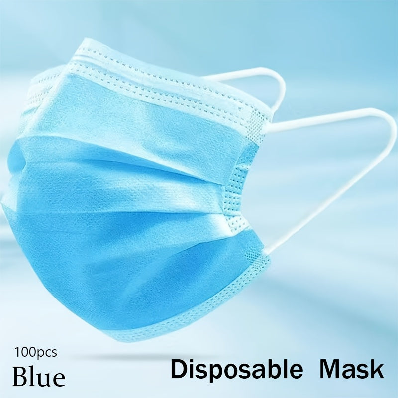 TEMU 100pcs Blue Disposable Adult Face Masks - Lightweight, Breathable Fabric With Elastic Ear Loops For & Protection, Hypoallergenic,