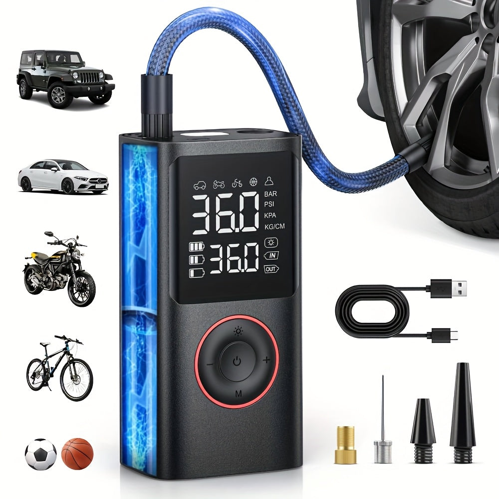 TEMU Portable Tire Inflator With Digital Display - Fast Cordless Air Compressor, Usb Rechargeable, Nozzle Adapter, Long-lasting Lithium Battery For