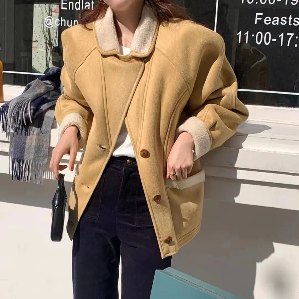 Winter Vintage leather and lamb fur Sheepskin Suede Jacket for Women Single Breasted Plush Coats Full Sleeve Outerwears 240919