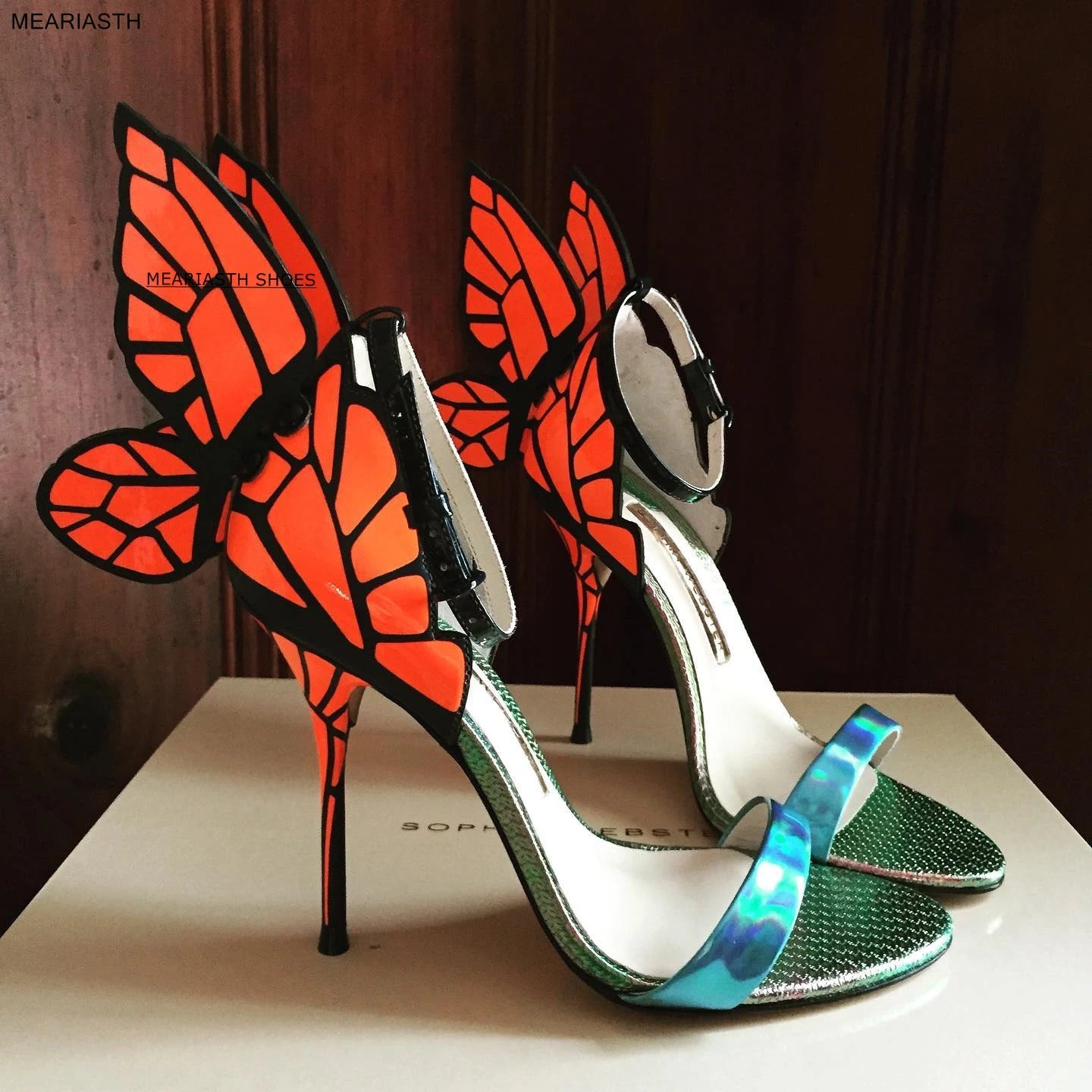 Butterfly Wing Women High Heel Woman Shoes Stiletto Pink Fur Decor Sandals Colorful Thin Heels Wedding Bride Shoe