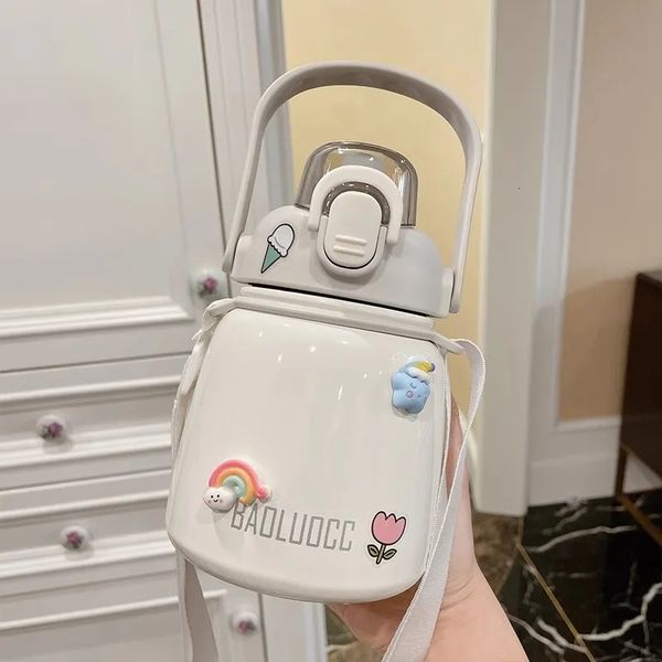 650ml insulated coffee cup for children with straw lid stainless steel car cup keeping and cold water bottles leak proof 241008