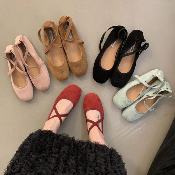 Flats de balé feminino Sapatos finos de veludo Mary Jane Slowers Square Toe Pumps Elastic Band Slip-On Shoes casuais Sapatos de trabalho de