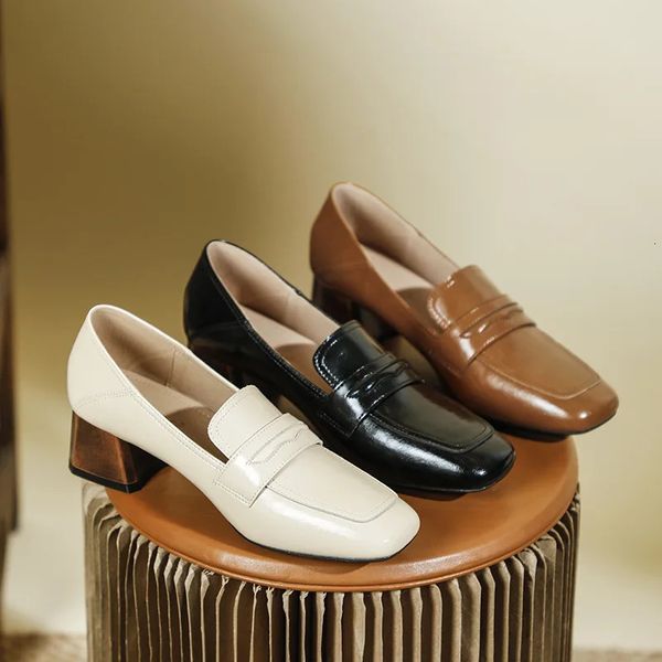 Genuine Leather Oxford Shoes Women Shallow Flats Shiny Leather Office Shoes British Square Toe Chunky Heels Loafers Woman Shoe Box Van Shoe