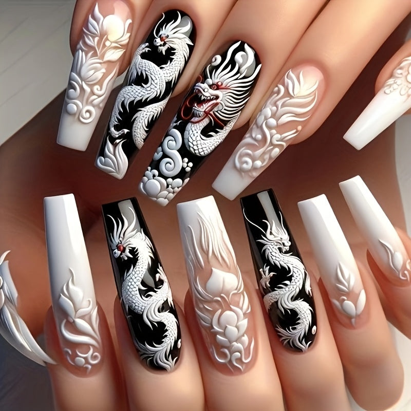 TEMU 24pcs Ballet-style Dragon & Floral Nail Art Set - Long, Glossy White & Black Nails With Intricate Dragon & Flower Designs, Removable For Easy
