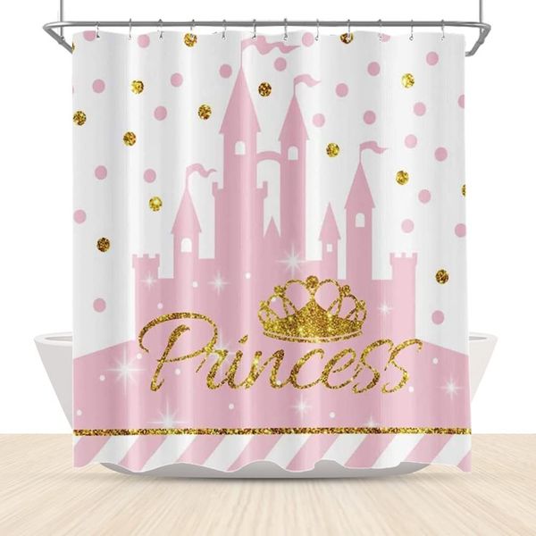Shower Curtains Pink Gold Shower Curtain Princess Castle Dotted Bathroom Bath Curtains Waterproof Durable Girl Bathtub Stalls Clawfoot Tub D
