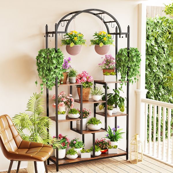 Metal Plant Stand: Tall Arched Plant Shelf Multilayer Ladder Garden Flower Pots Rack Display Holder for Home Patio Lawn Plants