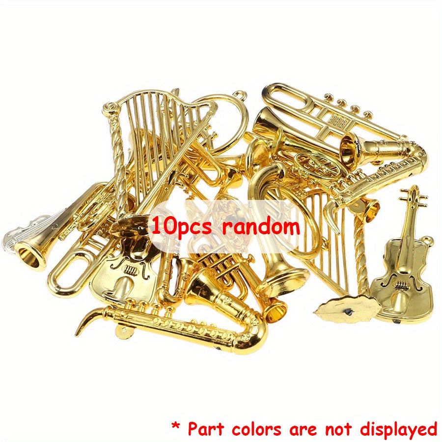 TEMU 10pcs Mini Golden Musical Instrument Ornaments - 2-7cm, Plastic, No Electricity Needed, Dollhouse & Desktop Decor, Miniature Musical