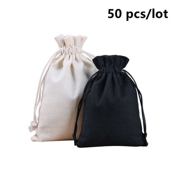 50 Pcs-Lot Black Thick Canvas Drawstring Wedding Pouches For Gift Package Home Organizer Heavy Duty Sturdy Cotton Storage Bags