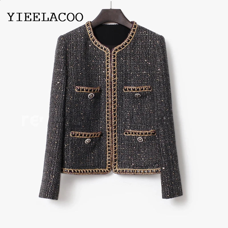 Brown Tweed Outerwear Spring -Autumn - Winter Coat Temperament One Piece Round Neck Casual Womens Jacket 240812