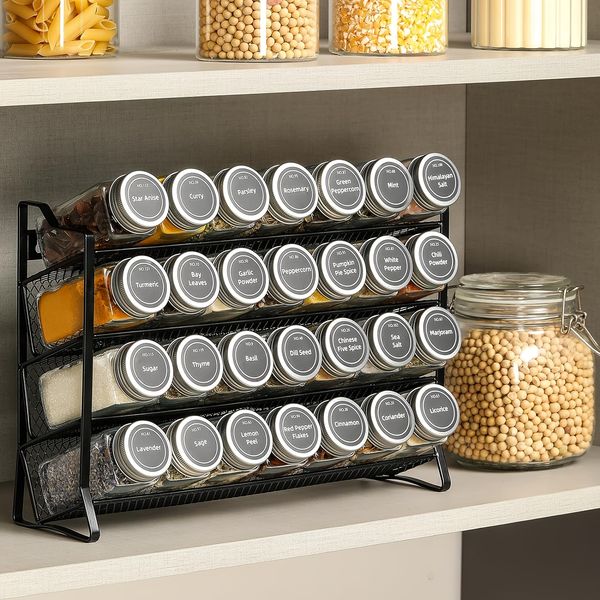 Spice Organizer With 28 Jars 386 Labels Chalk Marker And Funnel For Cabinet Countertop Pantry Cupboard Or Wall Mount Black ph322