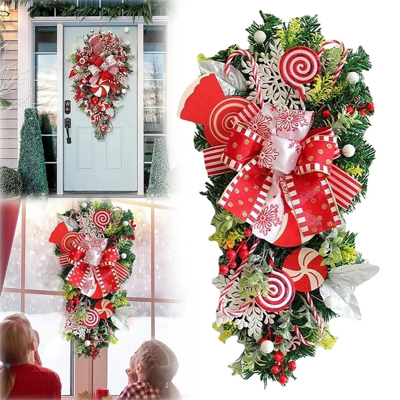 Christmas Tears Wreaths Front Door Xmas Decorations Outdoors Candy Canes Green Plants Christmas Ribbons Home Door Ornament 241017