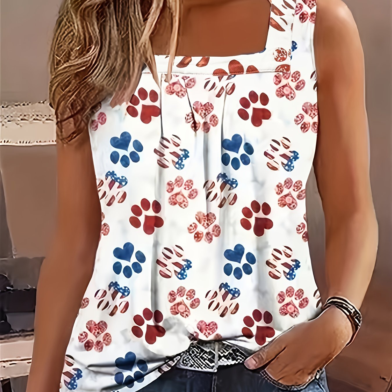 TEMU Summer Sleeveless Square Neck Blouse With Petal-like Paw Print & -like Greek Key Hem - A-line Silhouette Short Dress-like Top (no Waistband) -