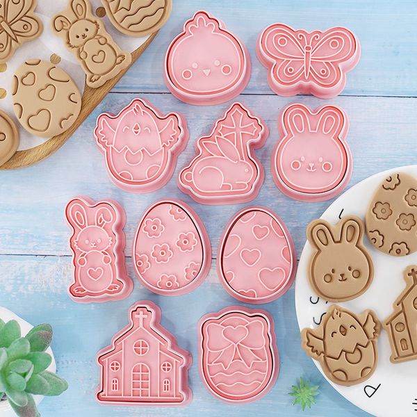 Baking Moulds 8-10PCS Easter Eggs Cutter 3D Embossers Cookie Biscuit Mold Set Cartoon Cookies Mould Handmade Pressing Kitchen DIY Baking Too