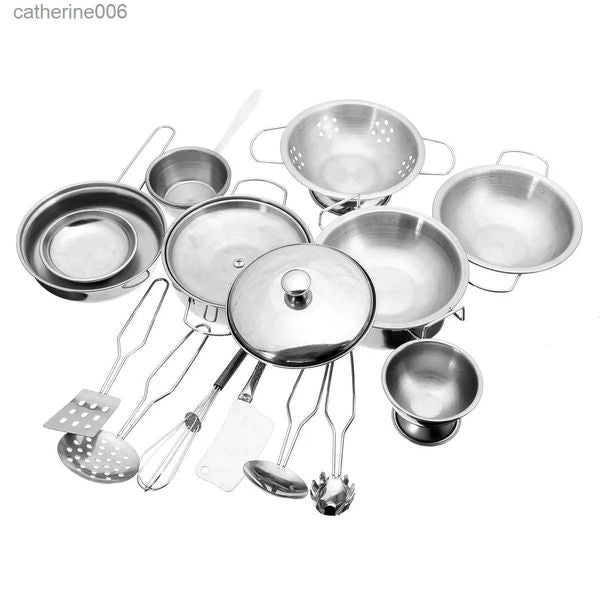 Kitchens Play Food 16pcs Stainless Steel Kitchen Cooking Utensils Pots Pans Food Gift Miniature Kitchen Cook Tools Simulation Play House Toy