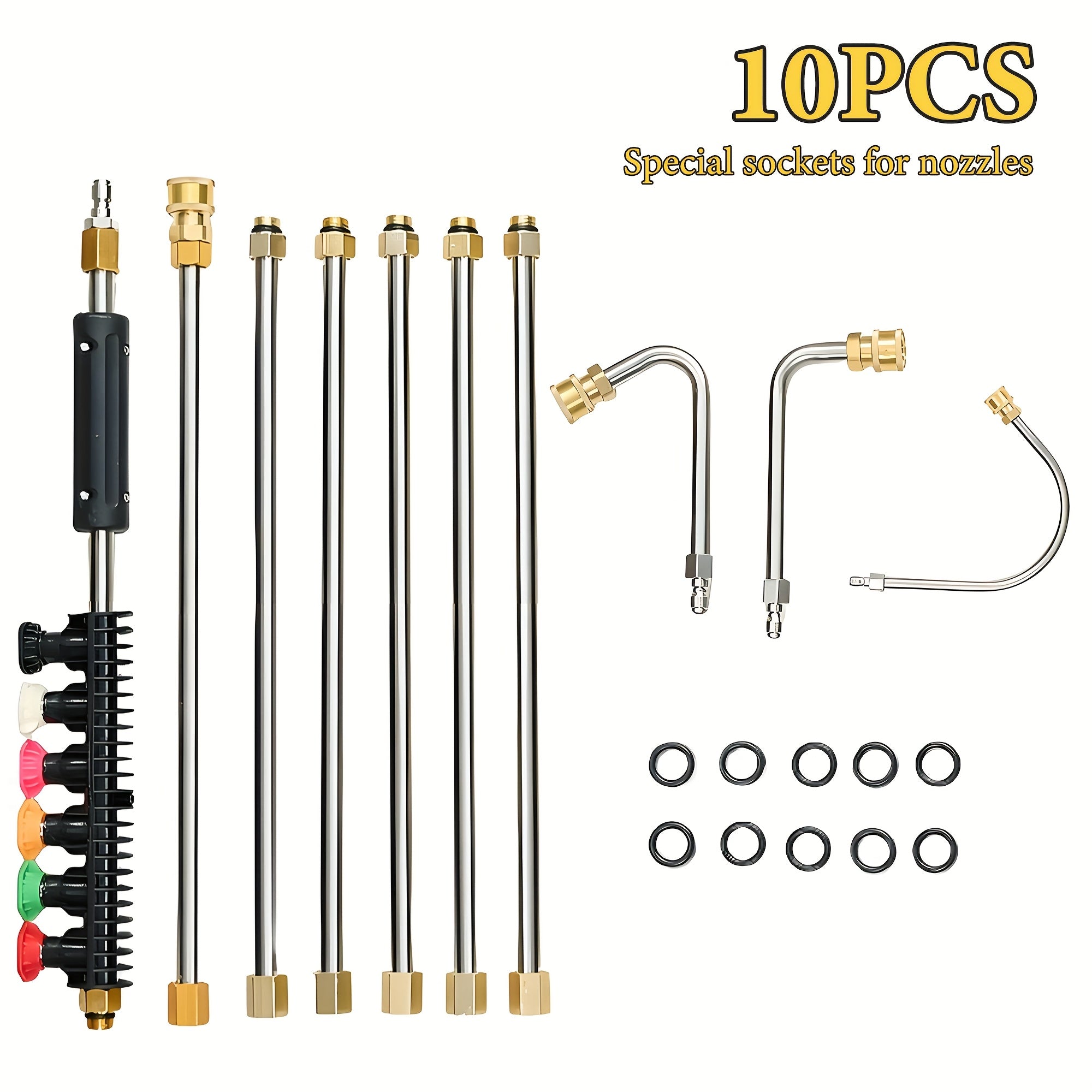 TEMU 7-10pcs Pressure Washer Extension Wand Upgrade Power Washer Lance With Spray Nozzle Tips, 30°, 90°, 120° Curved Rod, 1-4'quick Connect,