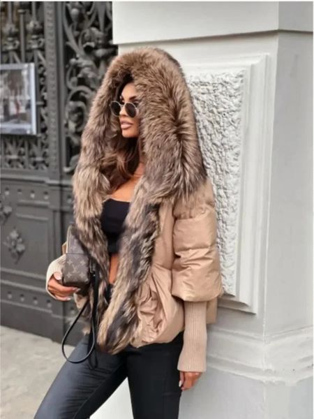 Women&#039;s Fur Faux Fur Real Fox Fur Collar Hooded Natural Thick Winter Jacket Women Warm Loose Oversize Duck Down Coat Streetwear Outerwe