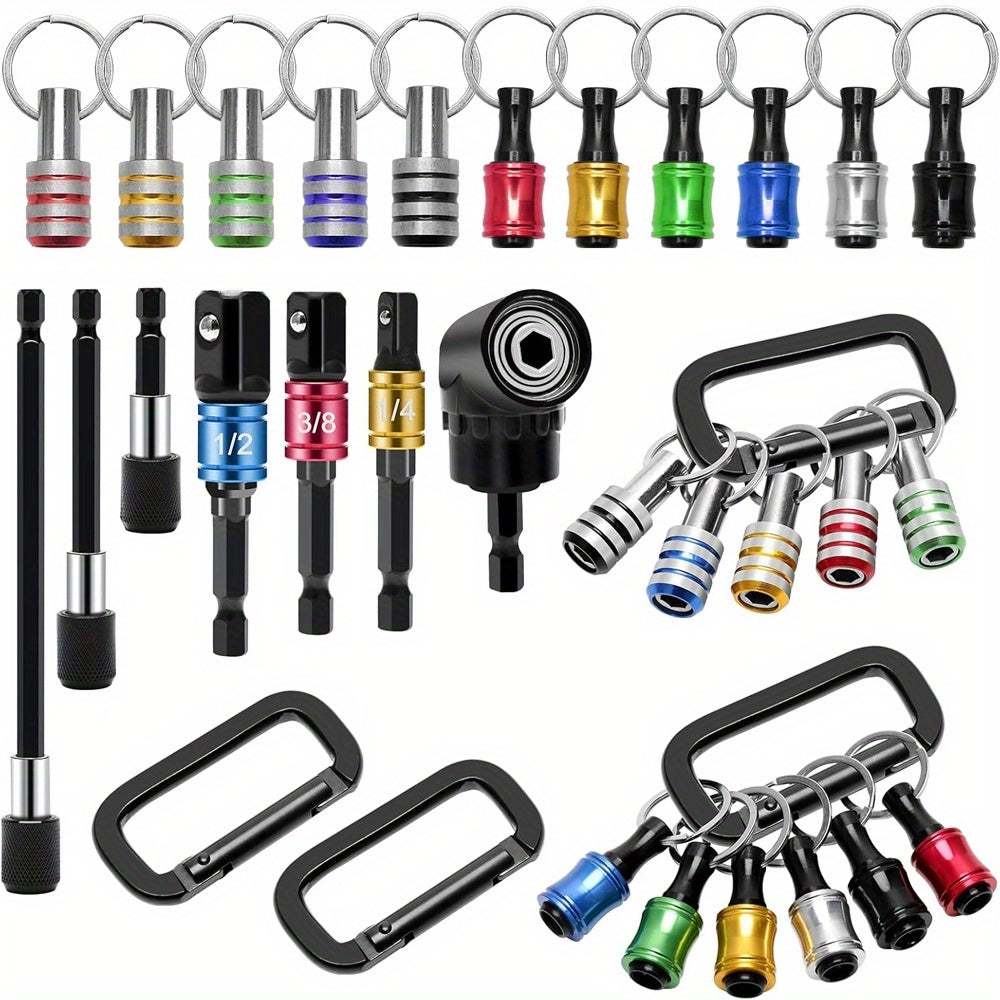TEMU 18pcs Bit Holder Cool Gadgets, 11pcs Drill Bit Holder Keychain, 3pcs Impact Drill Sockets Adapter, 3pcs 1-4" Quick Hex Shank, 105° Right Angle