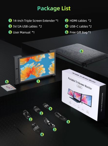 EVICIV Portable Monitor for Laptop 14&quot; Detachable Triple monitor with Kickstand 1080P HDR IPS Dual Extender Screen for 13-16.5&quot;