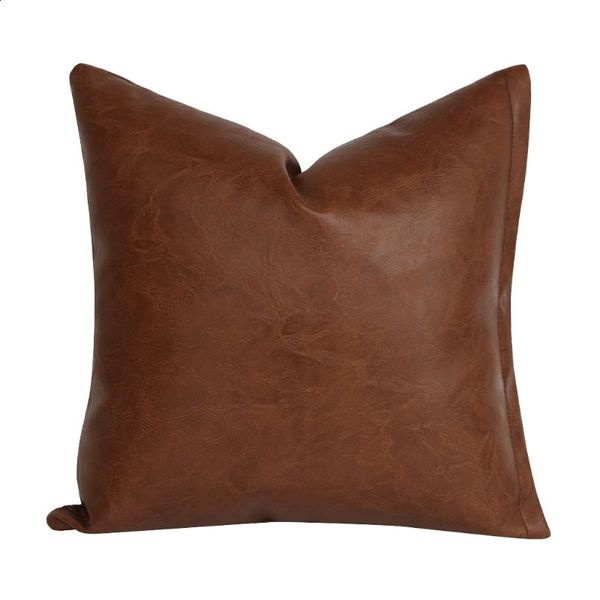 Modern brown faux leather throw pillow with zipper minimal solid color decoration square bedding 241204