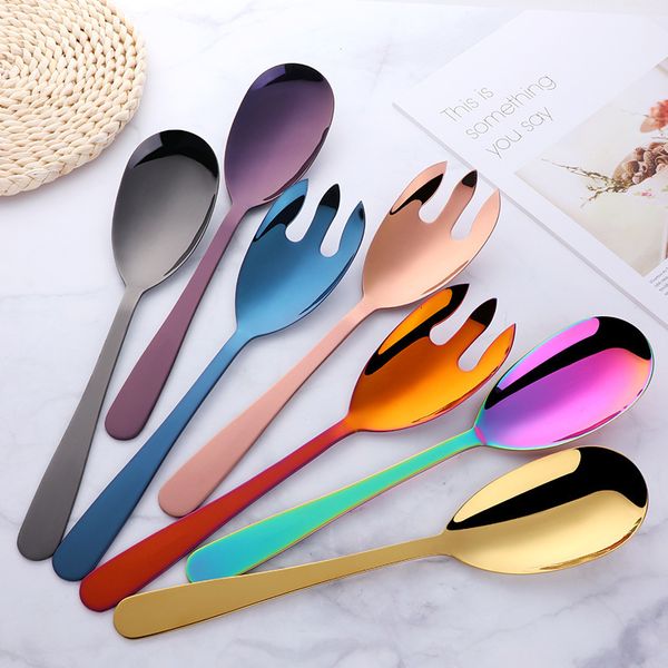 Dinnerware Sets 2 Pcs Big Salad Spoon Fork Set Gold Stainless Steel Cutlery Set Kitchen Food Serving Tableware Using Buffet Restaurant Tools