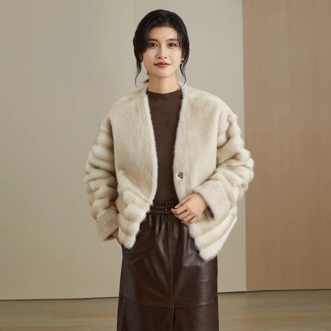 Elegant Womens Textured Faux Mink Outerwear Jacket - Perfect for Fall & Winter Chills