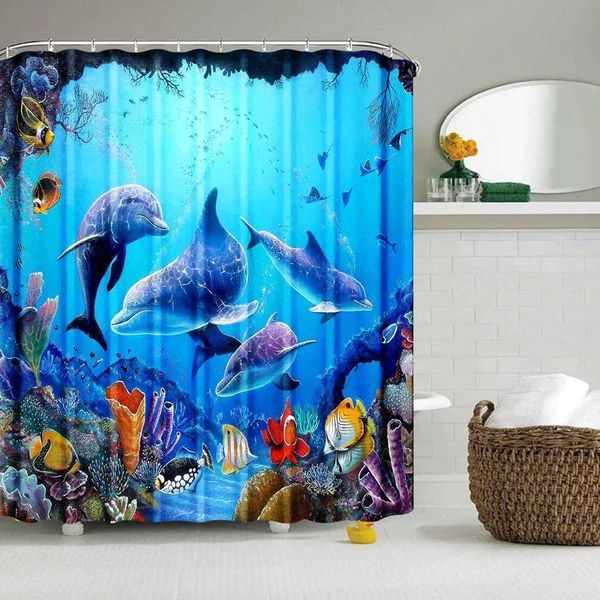 Dolphin Shower Curtain e Underwater World Marine Life Polter Fabric Kids Ocean Theme Bathro Decor Set with 12T250111