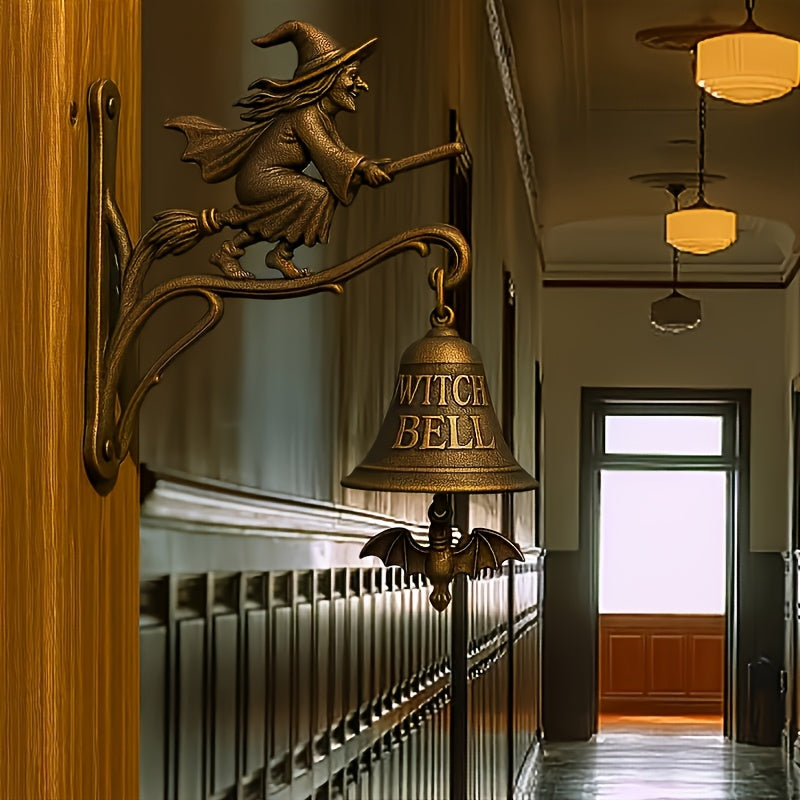 TEMU Vintage Metal Doorbell Decoration - Heavy-duty Iron Hat & Broomstick With Bell, No Electricity Needed, Spooky Outdoor-indoor Doorbell For