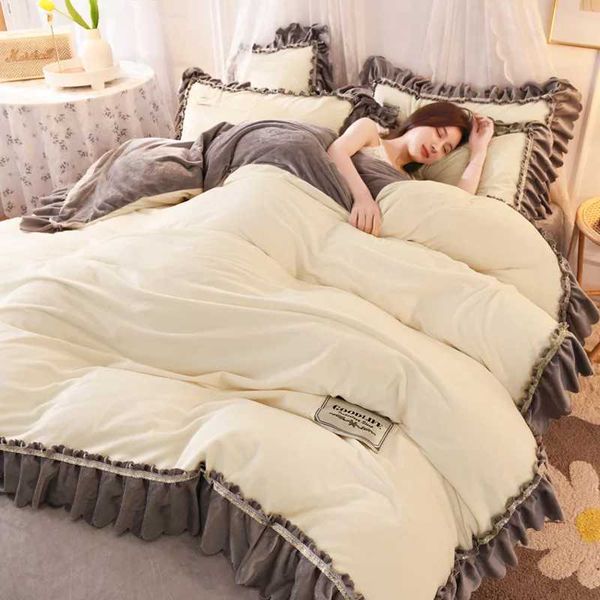 Winter Thick Warm Crystal Velvet 4-piece Bedding Set Korean Lace Plush Duvet Cover Bed Sheet Pillowcase King Size Home TextileXJ241015