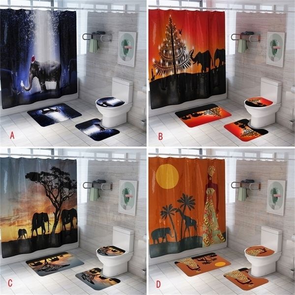 African Shower Curtain Cute Funny Elephant Non-Slip Rugs Toilet Lid Cover Bath Mat Carpet Set Bathroom Curtains with 12 Hooks 220429