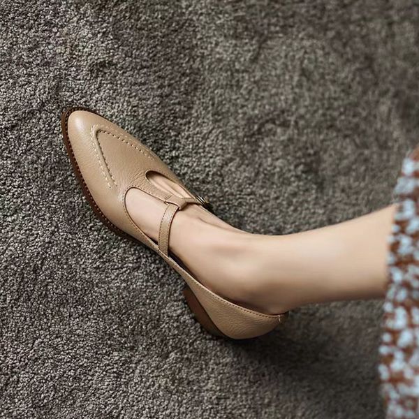 Plus Size 41 Womens T Strap Leather Shoes Pointed Toe Sewing Mid Heels Dress Shoes Buckle Strap Vintage Zapatos Mujer 1338N