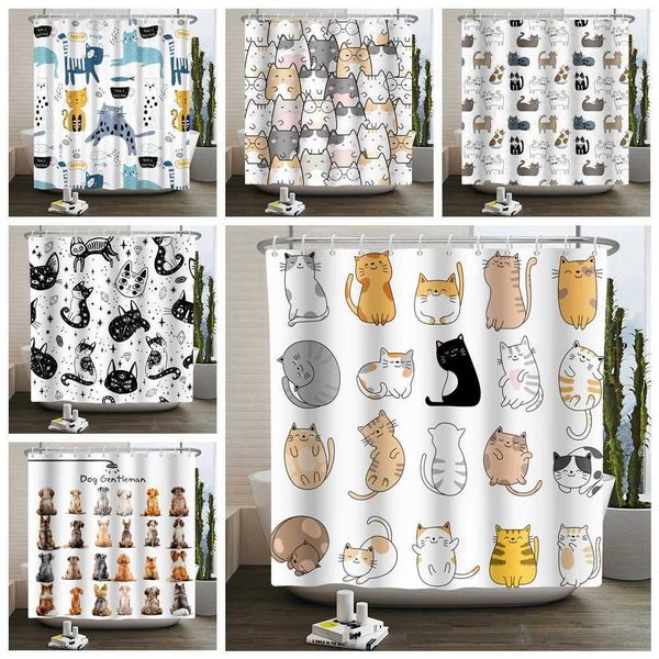 Cartoon cat shower curtains fun animals cute cats and dogs childrens printing waterproof bathroom shower curtains decorative straps hooks W2