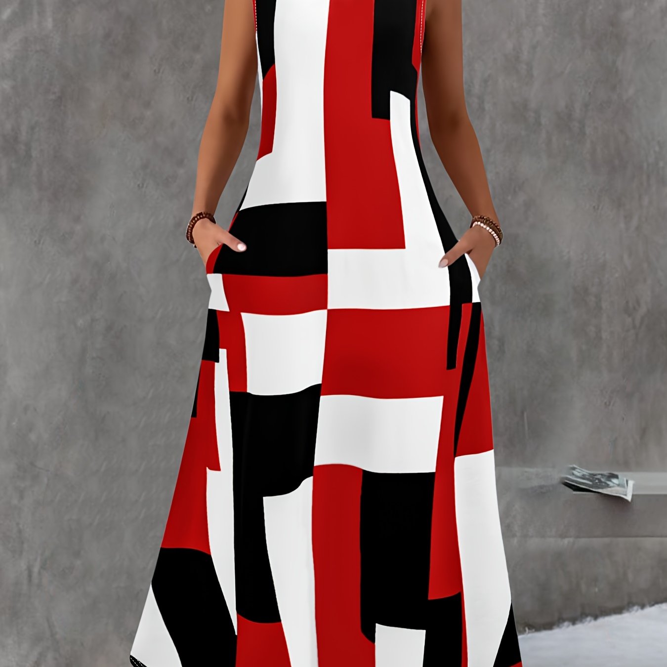 TEMU Women's Plus Size Sleeveless Maxi Dress With Pockets - Elegant, Stretchy, And Stylish Color Block Print For Summer, Casual To Formal Attire,