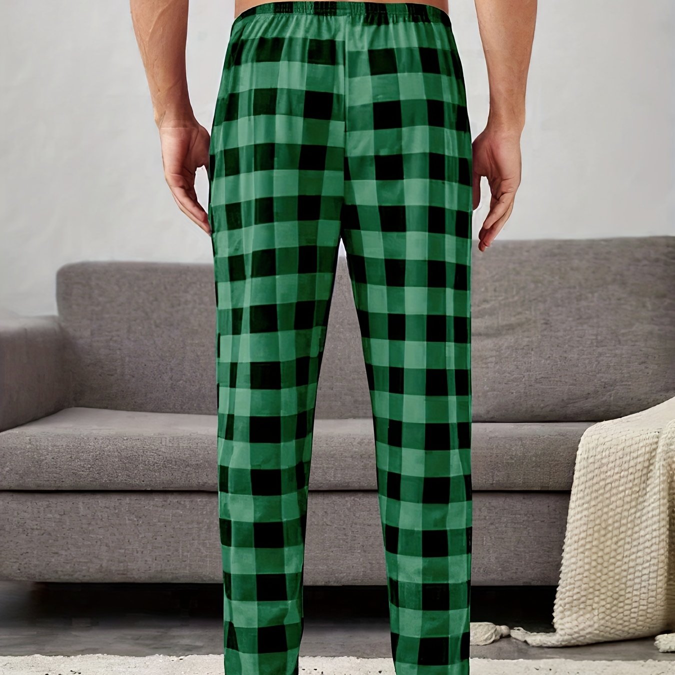 TEMU Men's Casual Checkered Lounge Pants - Mustard & Black Design, Regular Fit, Machine Washable, For Home & Casual Attire, Relaxed Fit, , , Elastic