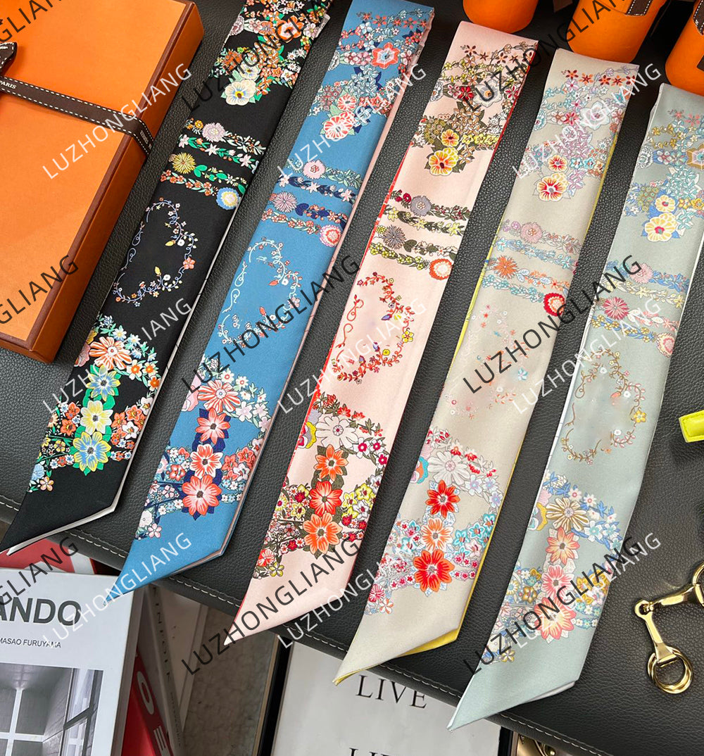 2025 high-end gorgeous reins and flowers 100% mulberry silk 18mm twill silk scarf scarf headscarf small ribbon ribbon forest belt 86x5cm double-side