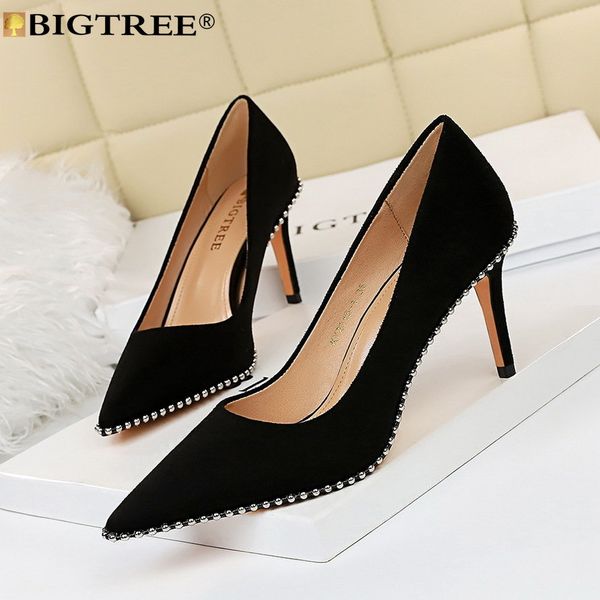 Spring BIGTREE New Designer High Pumps Rivet Pointed Toe ck 8CM Thin Heels retro Office Career Women Shoes black cc94 bla