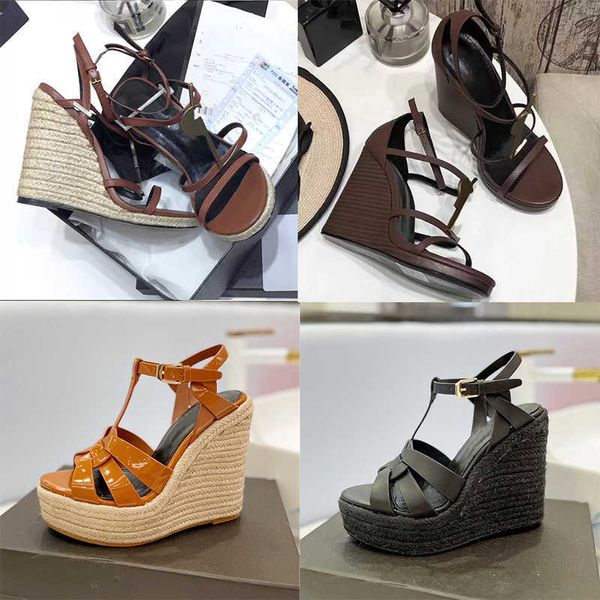 2023 Designers Sandals Women Wedge Espadrilles Black Patent Leather 10.5 CM High Heels Adjustable Buckle Wedding Dress Shoes 35-41 With Box