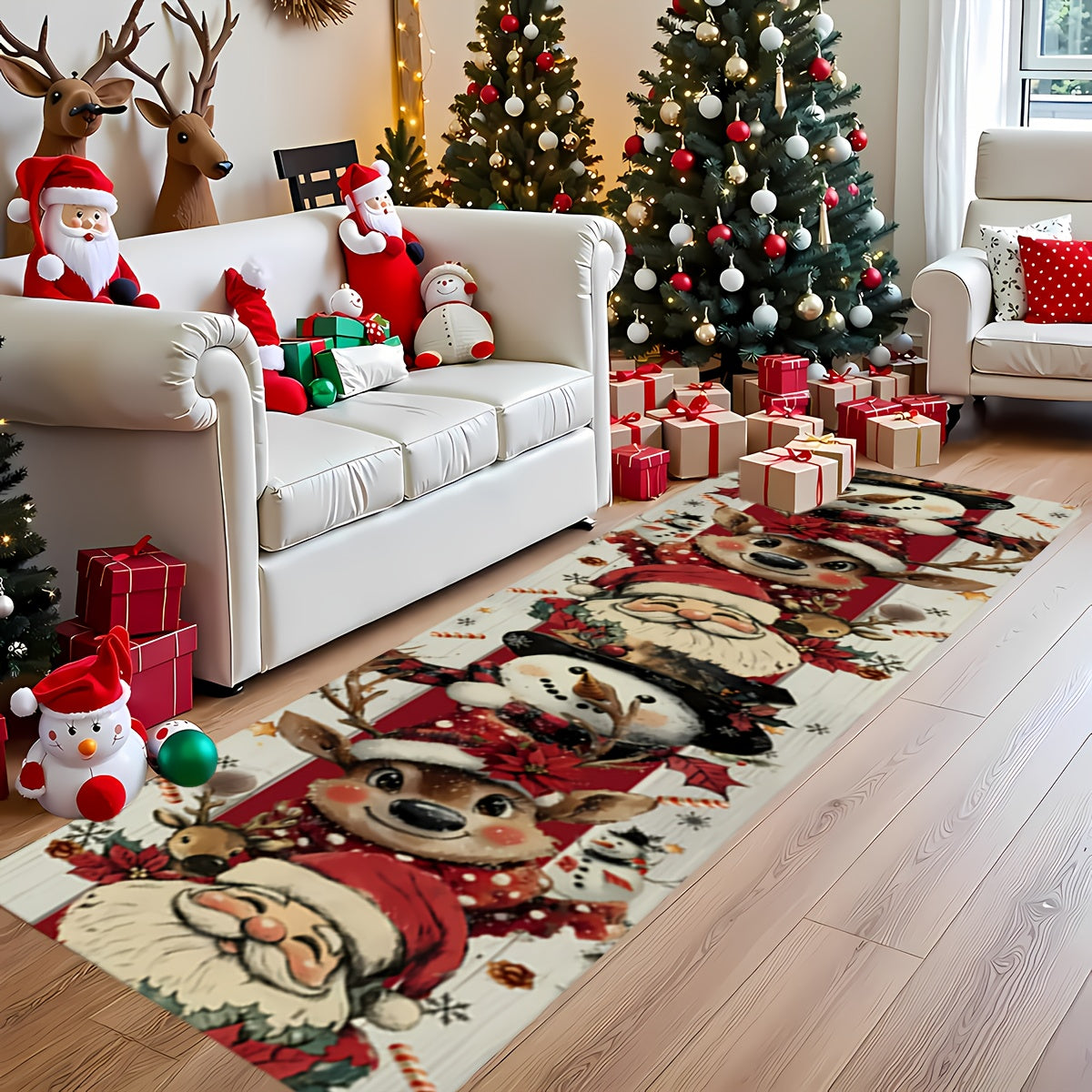 TEMU 1pc Extra-long Red & Golden Christmas Runner Mat - Santa Snowman Reindeer Winter Mat With Plaid & Floral Patterns, Easy- Washable Floor Mat For